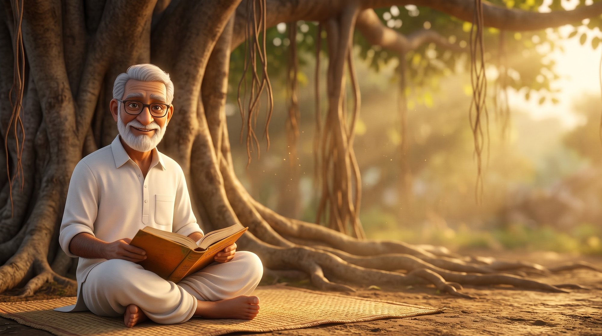 Tatayya reading the Bhagavad Gita under a banyan tree